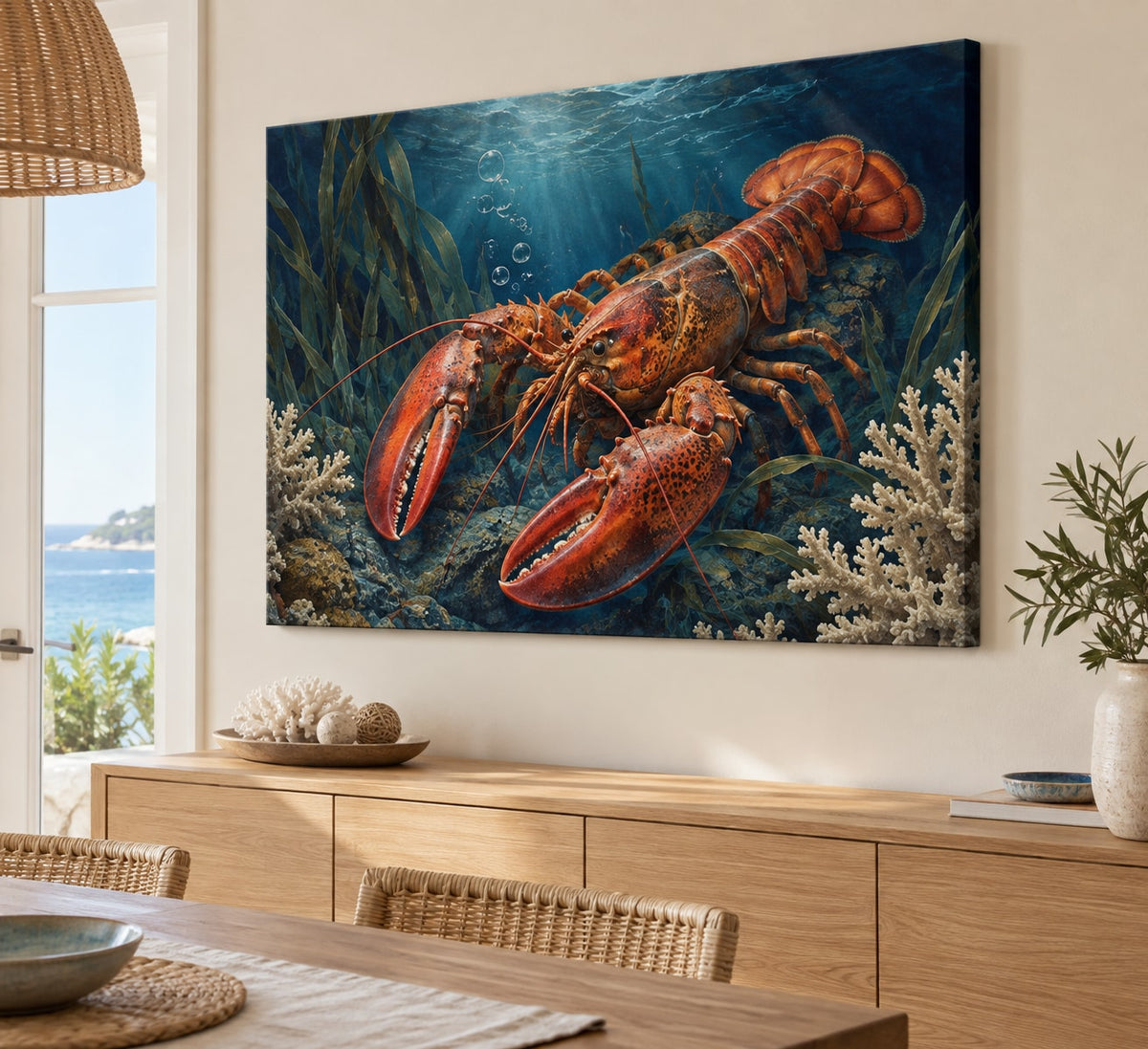 Lobster Coastal Kitchen Stretched Canvas Wall Art with dimensional printed themed artwork; representative AI-generated mockup.