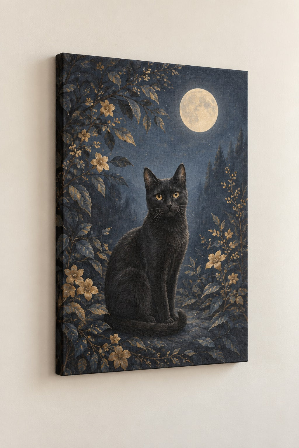 Black Cat Companion Stretched Canvas Wall Art with dimensional printed themed artwork; representative AI-generated mockup.