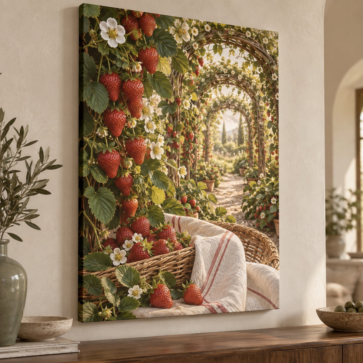 Strawberry Picnic Stretched Canvas Wall Art with dimensional printed themed artwork; representative AI-generated mockup.