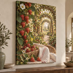 Strawberry Picnic Stretched Canvas Wall Art with dimensional printed themed artwork; representative AI-generated mockup.
