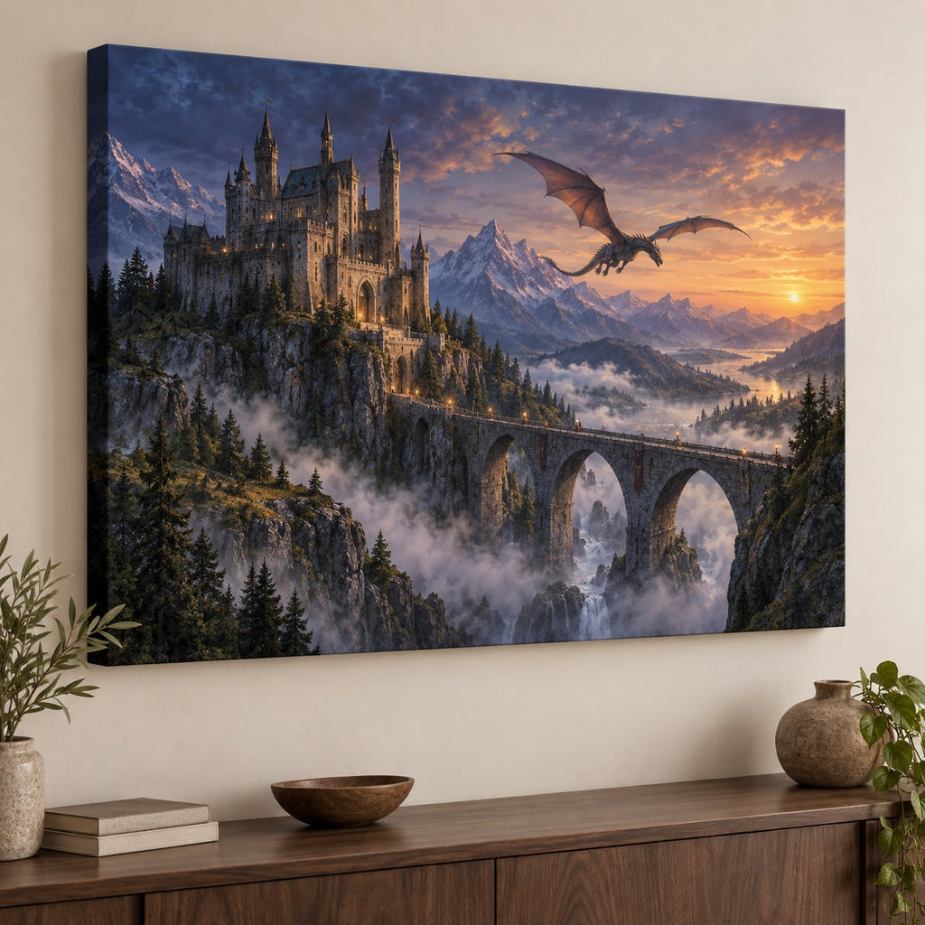 Dragon Castle Stretched Canvas Wall Art with dimensional printed themed artwork; representative AI-generated mockup.