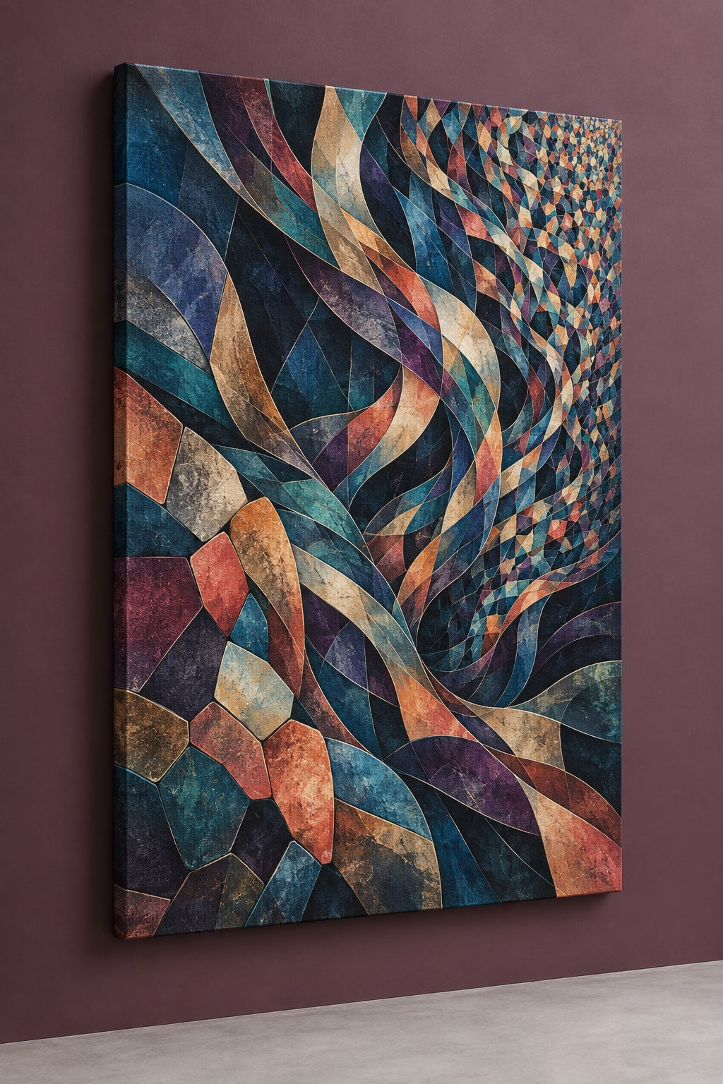 Prismatic Jigsaw Current Stretched Canvas Wall Art with dimensional printed themed artwork; representative AI-generated mockup.