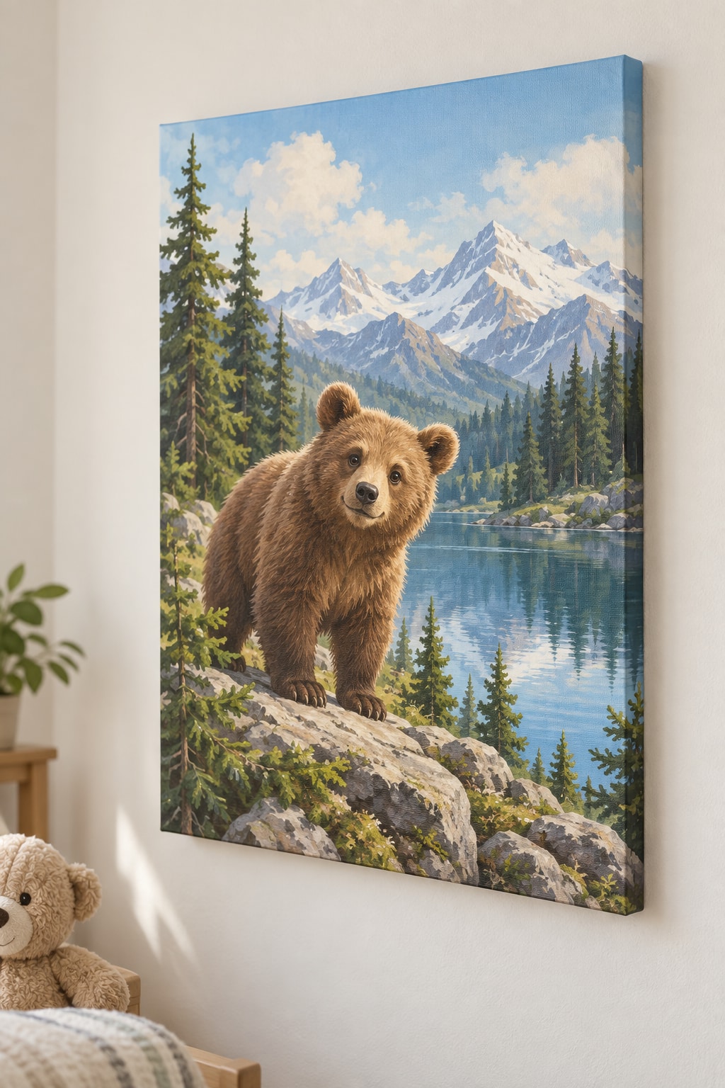Mountain Bear Adventure Stretched Canvas Wall Art with dimensional printed themed artwork; representative AI-generated mockup.