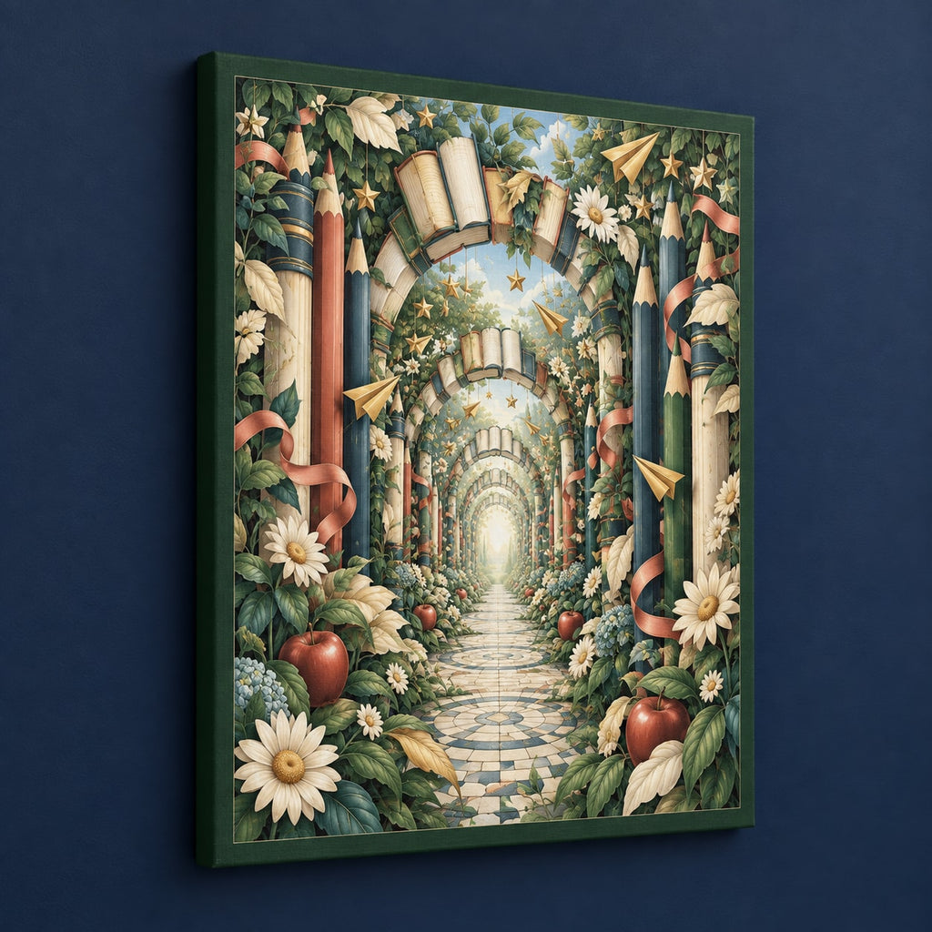 Elementary Learning Garden Stretched Canvas Wall Art with dimensional printed themed artwork; representative AI-generated mockup.