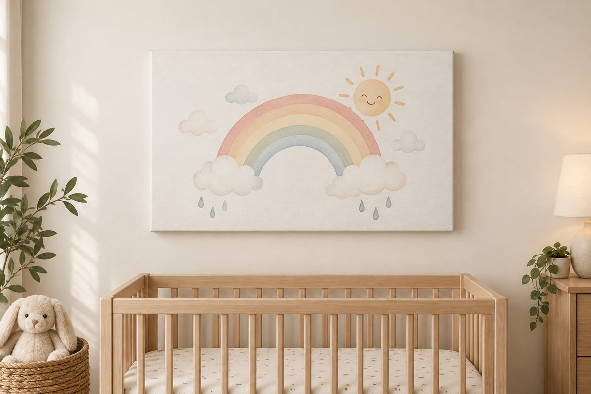 Rainbow Weather Stretched Canvas Wall Art with dimensional printed themed artwork; representative AI-generated mockup.