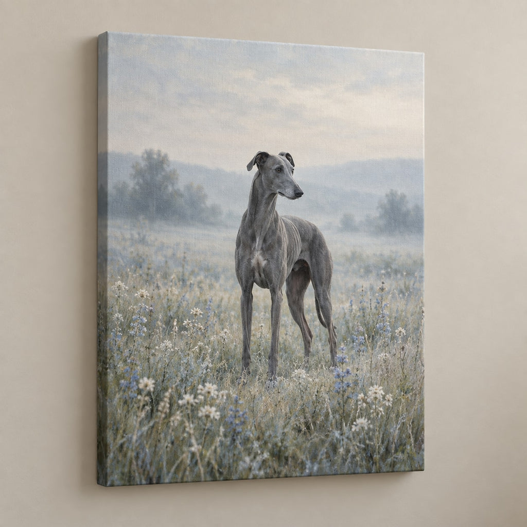 Greyhound Stretched Canvas Wall Art with dimensional printed themed artwork; representative AI-generated mockup.