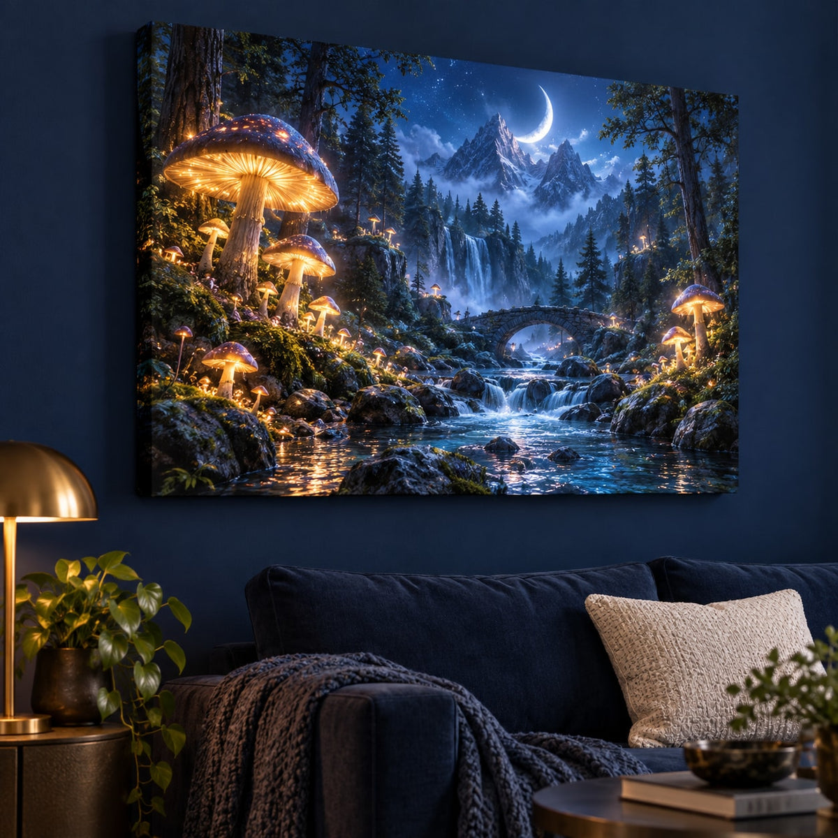 Celestial Mushroom Forest Stretched Canvas Wall Art with dimensional printed themed artwork; representative AI-generated mockup.