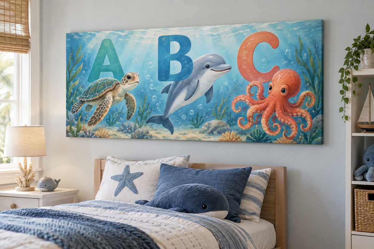 Ocean Animal Alphabet Stretched Canvas Wall Art with dimensional printed themed artwork; representative AI-generated mockup.