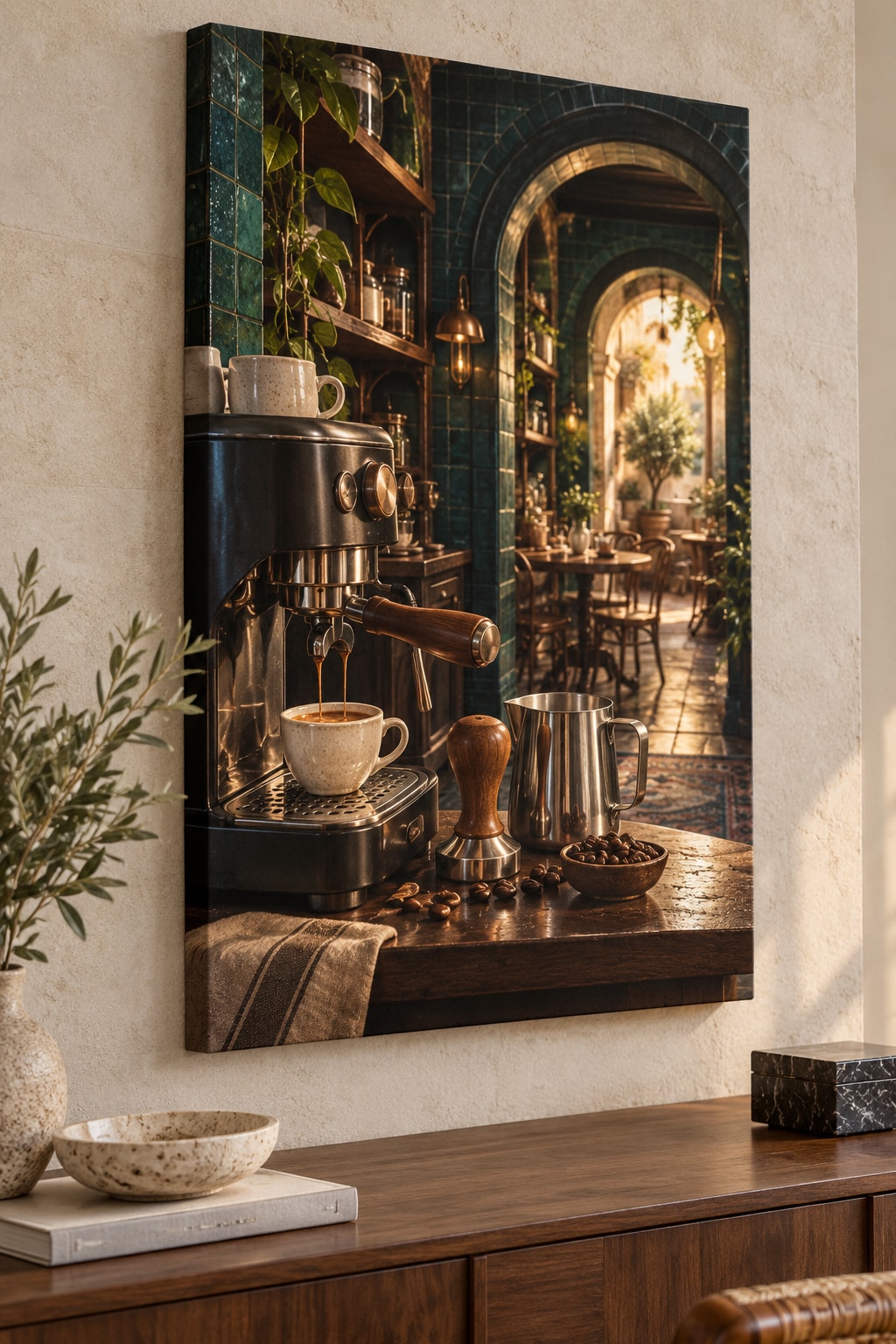Espresso Corner Stretched Canvas Wall Art with dimensional printed themed artwork; representative AI-generated mockup.