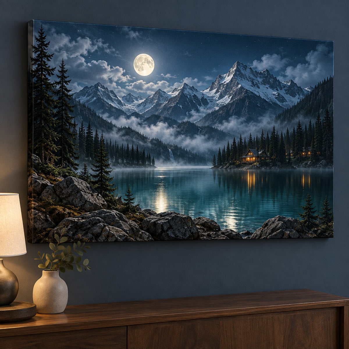 Moon Mountain Landscape Stretched Canvas Wall Art with dimensional printed themed artwork; representative AI-generated mockup.