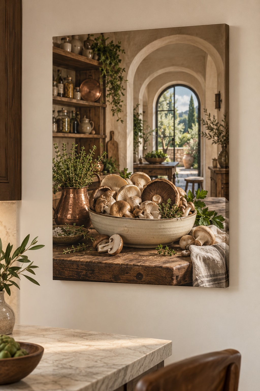 Mushroom Kitchen Study Stretched Canvas Wall Art with dimensional printed themed artwork; representative AI-generated mockup.