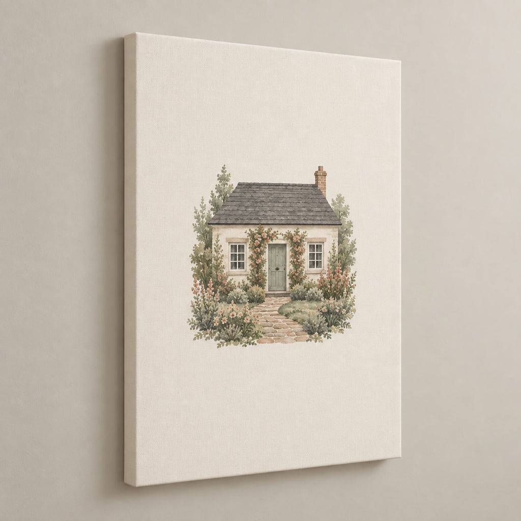 Cottage Garden House Portrait Stretched Canvas Wall Art with dimensional printed themed artwork; representative AI-generated mockup.