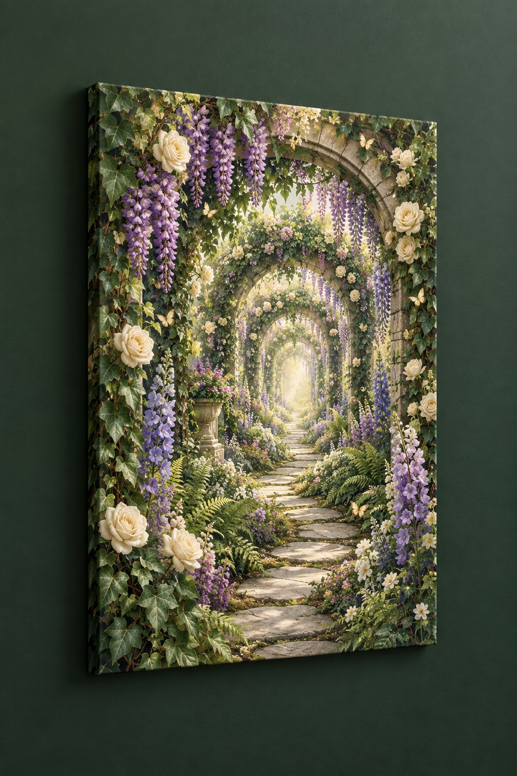 Retirement Garden Portal Stretched Canvas Wall Art with dimensional printed themed artwork; representative AI-generated mockup.