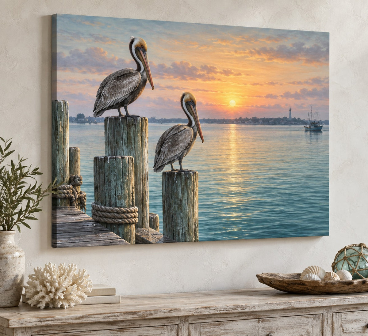 Pelican Dock Stretched Canvas Wall Art with dimensional printed themed artwork; representative AI-generated mockup.