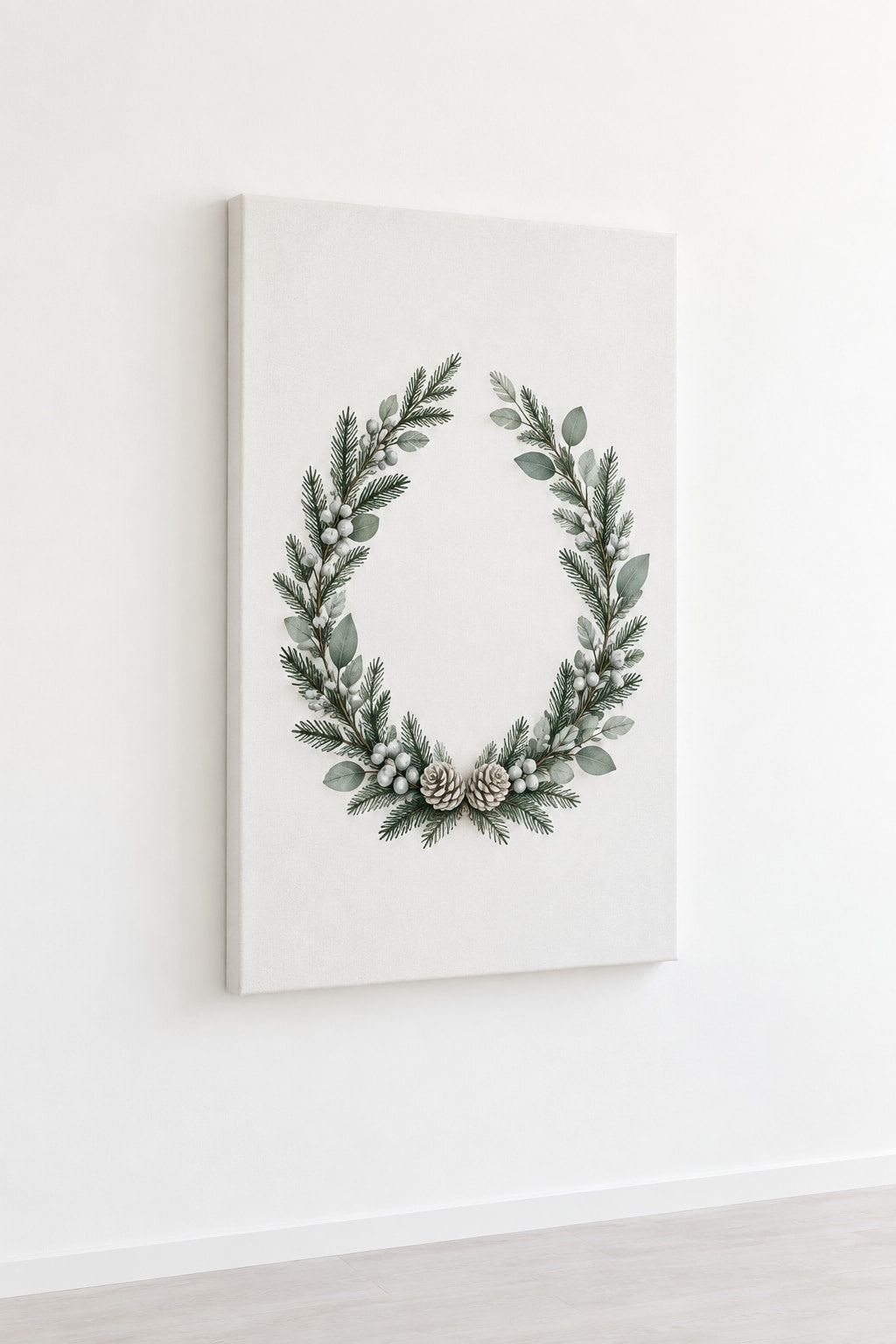 Winter Evergreen Wedding Wreath Stretched Canvas Wall Art with dimensional printed themed artwork; representative AI-generated mockup.
