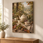 Woodland Tea Picnic Stretched Canvas Wall Art with dimensional printed themed artwork; representative AI-generated mockup.