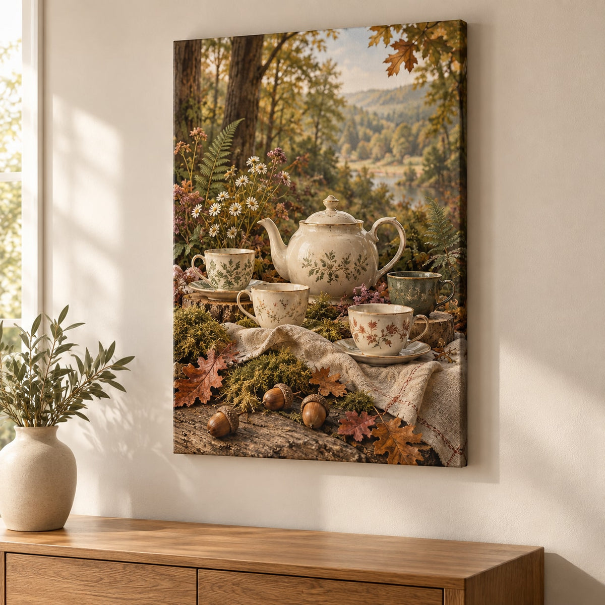Woodland Tea Picnic Stretched Canvas Wall Art with dimensional printed themed artwork; representative AI-generated mockup.