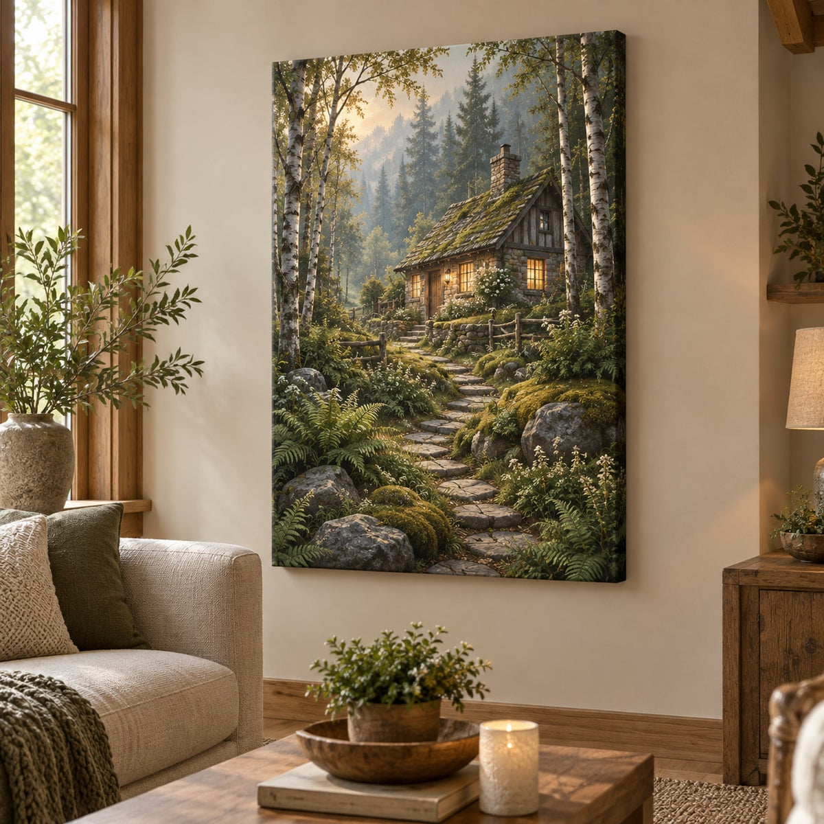 Woodland Cottage Stretched Canvas Wall Art with dimensional printed themed artwork; representative AI-generated mockup.
