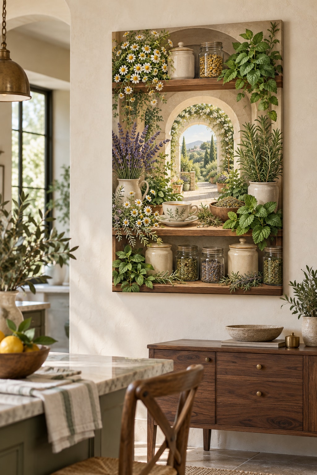 Herbal Tea Shelf Stretched Canvas Wall Art with dimensional printed themed artwork; representative AI-generated mockup.
