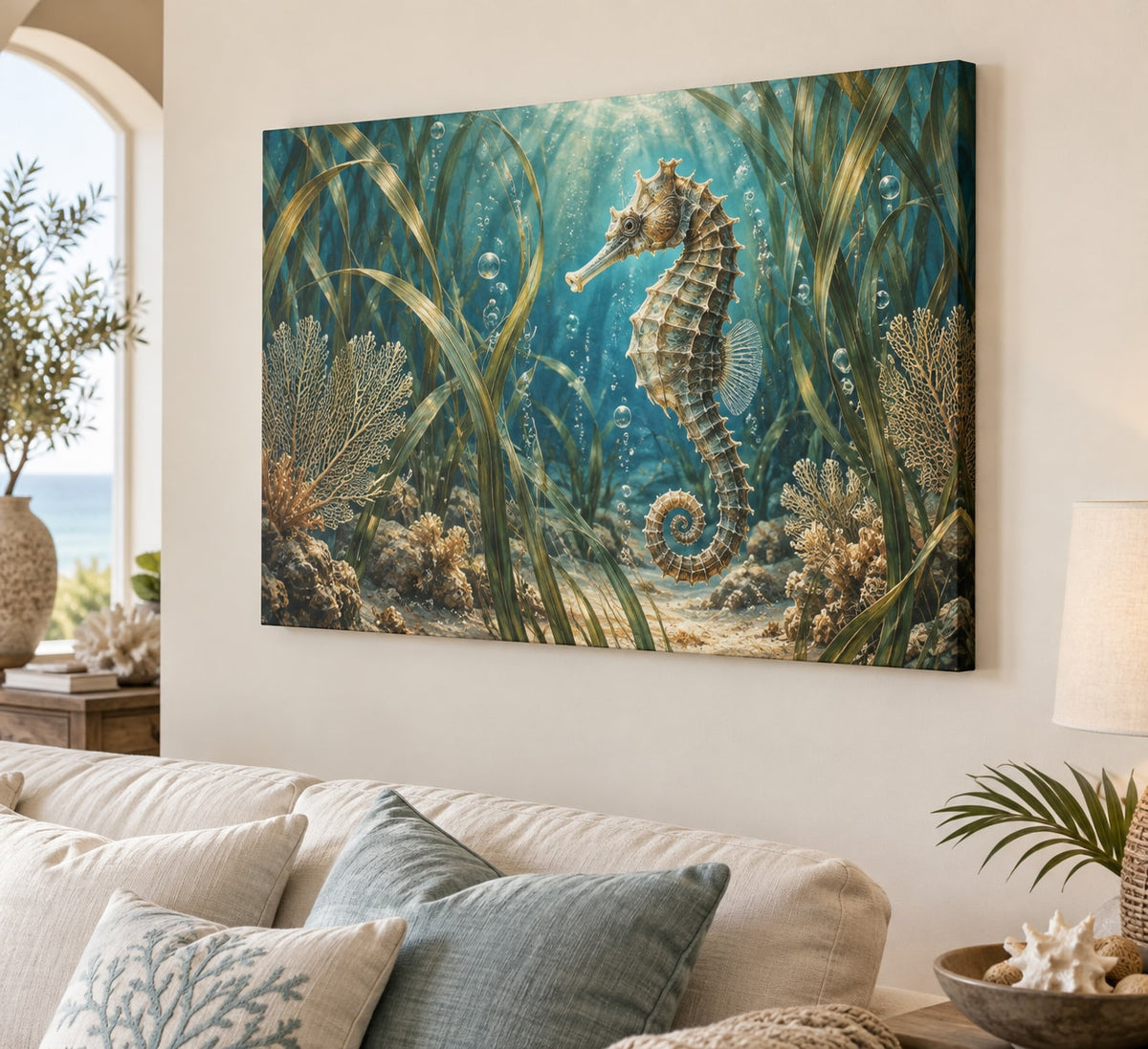 Seahorse Sea Grass Stretched Canvas Wall Art with dimensional printed themed artwork; representative AI-generated mockup.