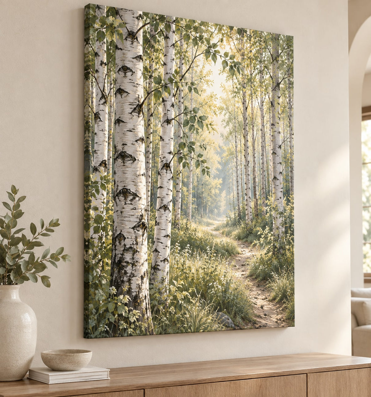 Birch Grove Stretched Canvas Wall Art with dimensional printed themed artwork; representative AI-generated mockup.