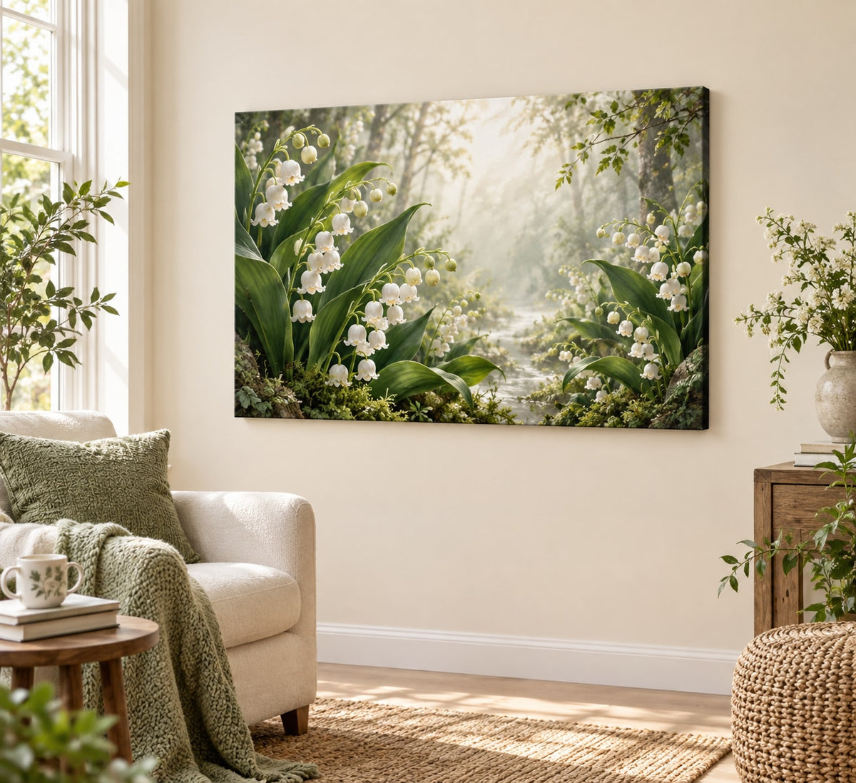 Lily of the Valley Stretched Canvas Wall Art with dimensional printed themed artwork; representative AI-generated mockup.