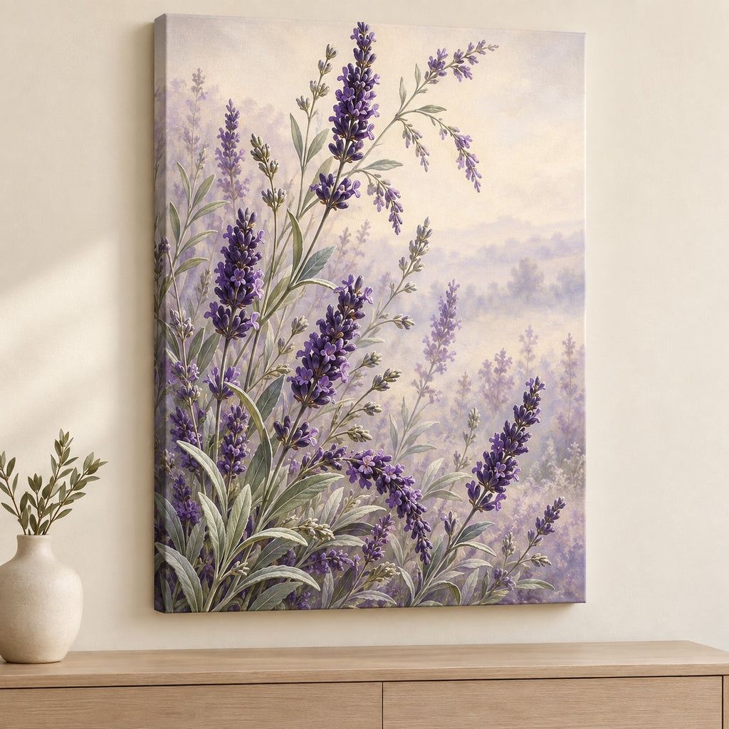 Lavender Sprigs Stretched Canvas Wall Art with dimensional printed themed artwork; representative AI-generated mockup.