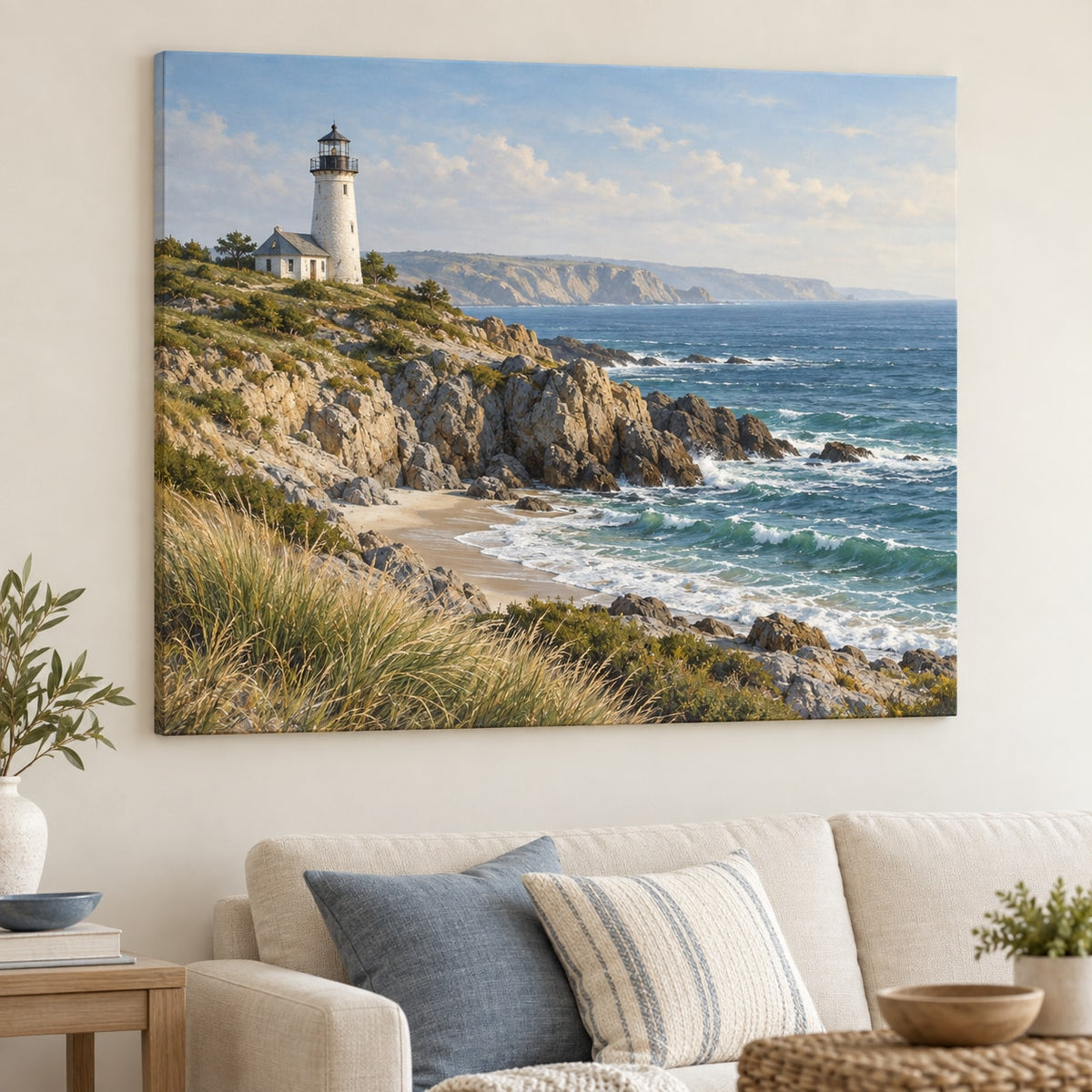 Lighthouse Coast Stretched Canvas Wall Art with dimensional printed themed artwork; representative AI-generated mockup.