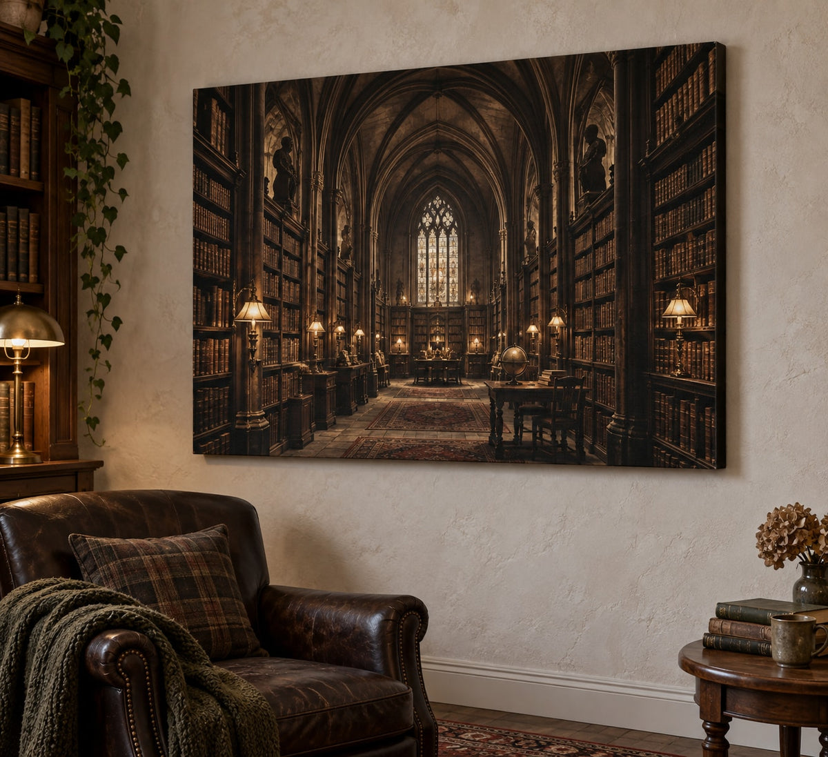 Dark Academia Library Stretched Canvas Wall Art with dimensional printed themed artwork; representative AI-generated mockup.