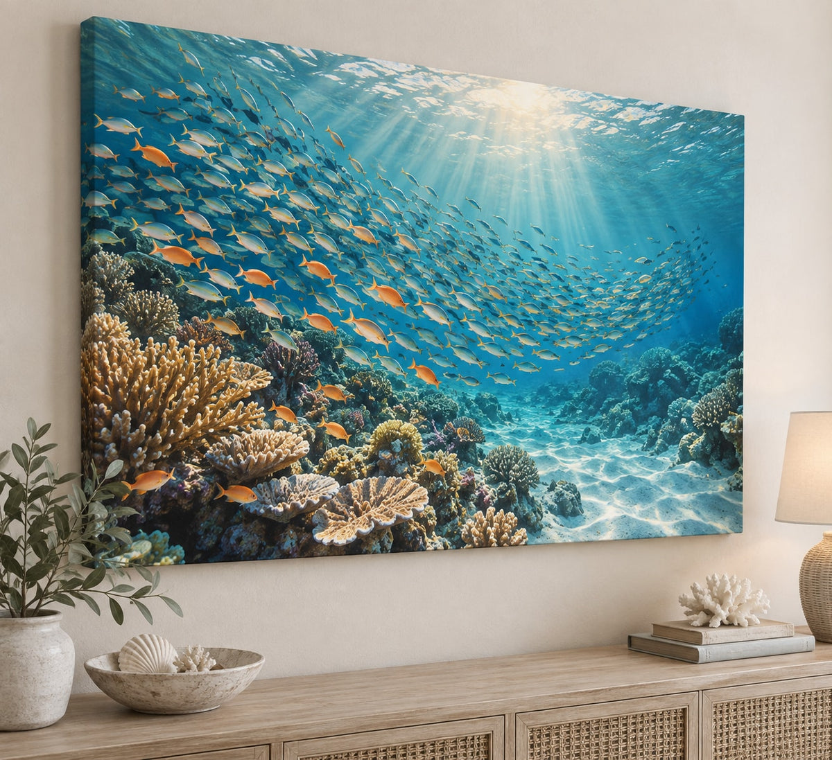 Reef Fish School Stretched Canvas Wall Art with dimensional printed themed artwork; representative AI-generated mockup.