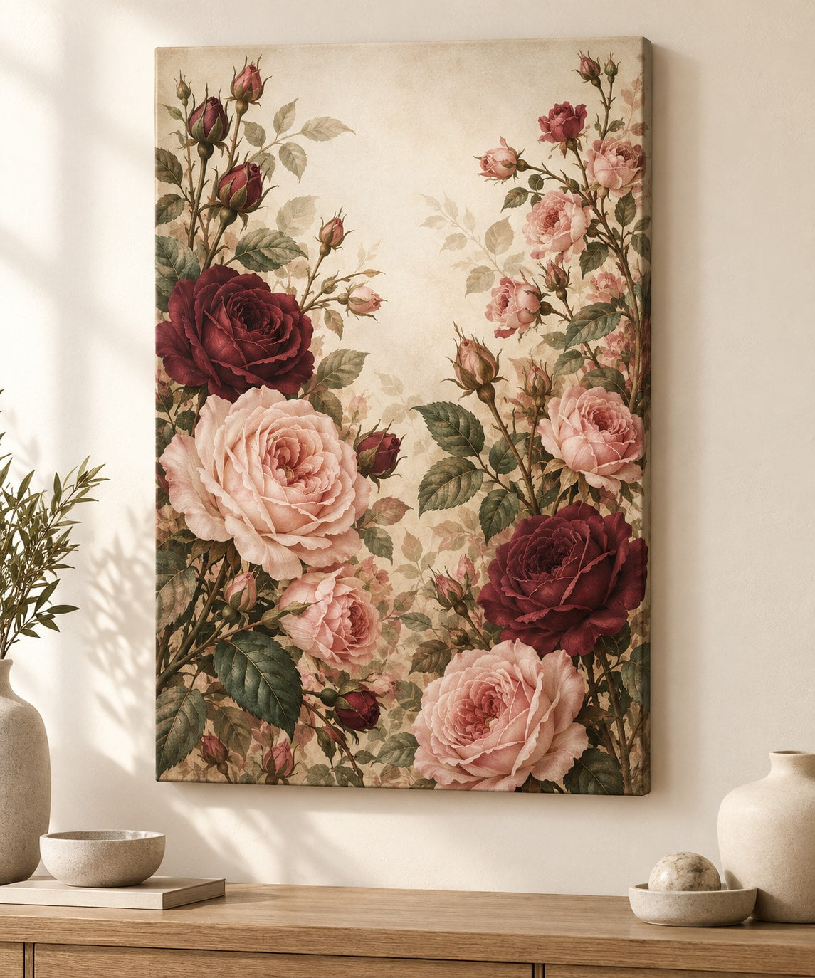 Rose Herbarium Stretched Canvas Wall Art with dimensional printed themed artwork; representative AI-generated mockup.
