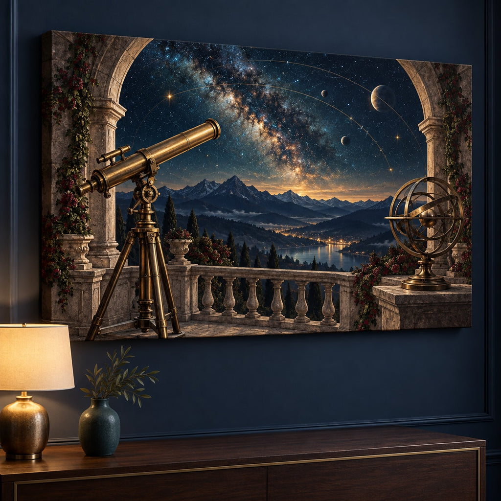 Astronomical Instruments Stretched Canvas Wall Art with dimensional printed themed artwork; representative AI-generated mockup.