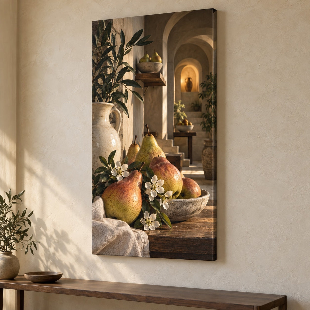Pear Still Life Stretched Canvas Wall Art with dimensional printed themed artwork; representative AI-generated mockup.