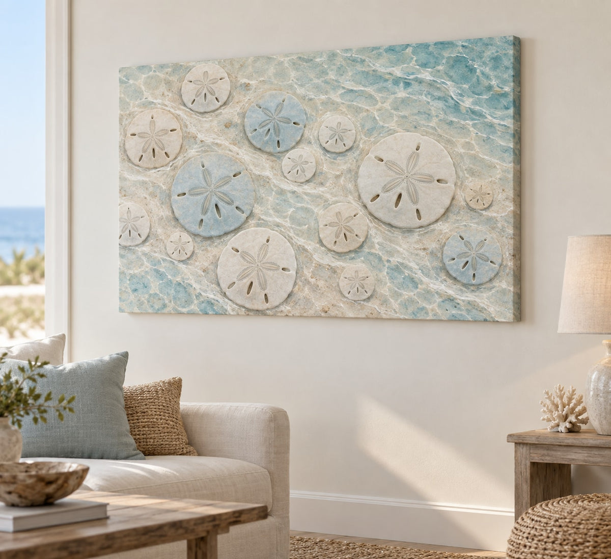 Sand Dollar Pattern Stretched Canvas Wall Art with dimensional printed themed artwork; representative AI-generated mockup.