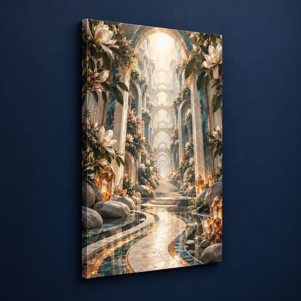 Voice Bloom Resonance Atrium Stretched Canvas Wall Art with dimensional printed themed artwork; representative AI-generated mockup.