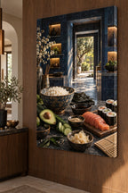 Sushi Ingredient Study Stretched Canvas Wall Art with dimensional printed themed artwork; representative AI-generated mockup.