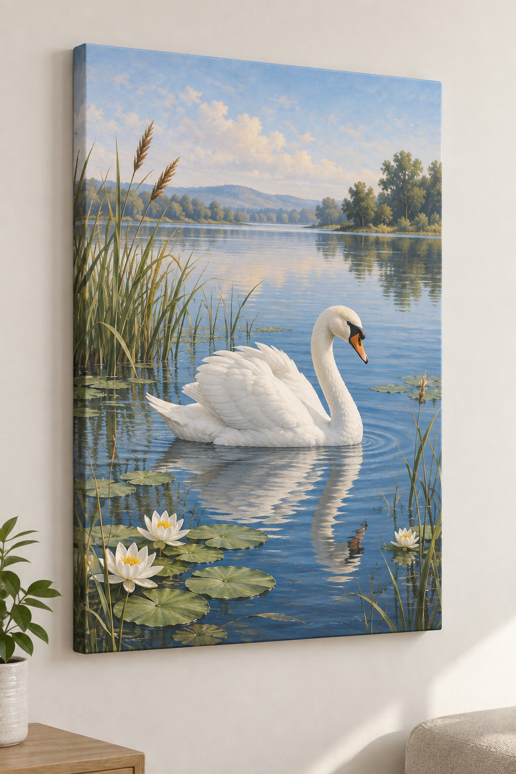 Swan and Reeds Stretched Canvas Wall Art with dimensional printed themed artwork; representative AI-generated mockup.