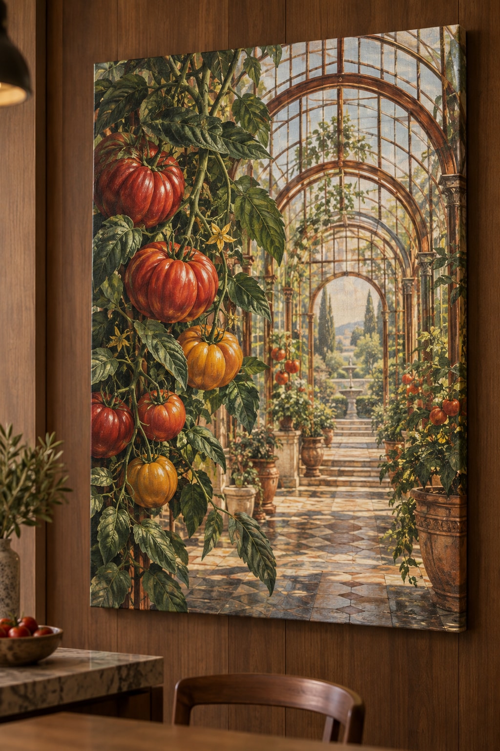Tomato Garden Kitchen Stretched Canvas Wall Art with dimensional printed themed artwork; representative AI-generated mockup.