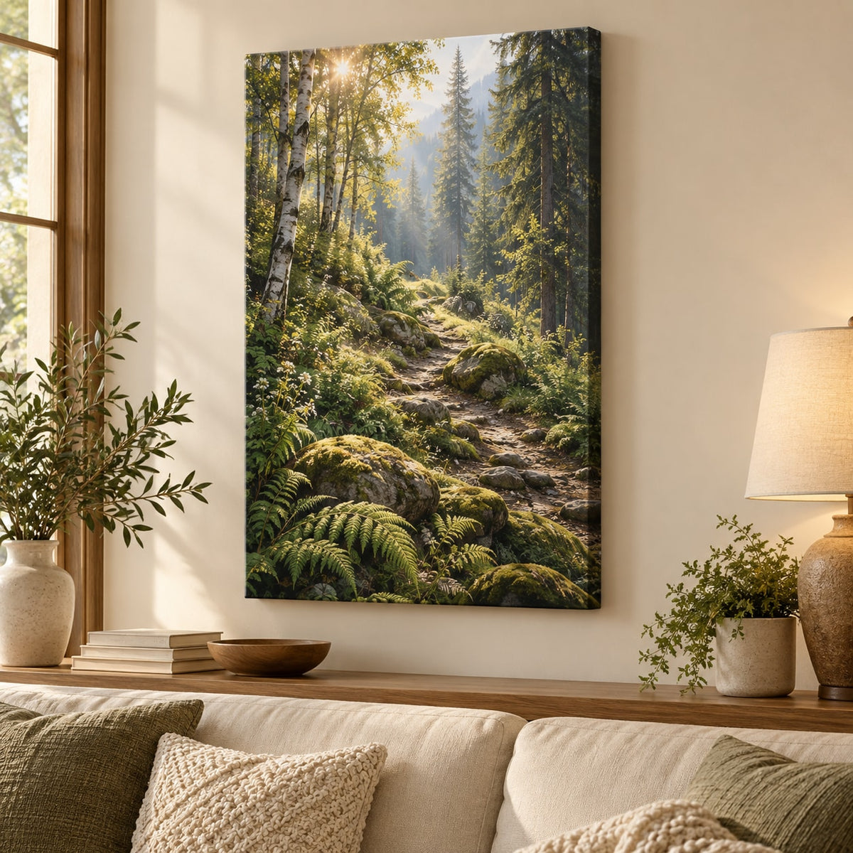 Forest Path Stretched Canvas Wall Art with dimensional printed themed artwork; representative AI-generated mockup.