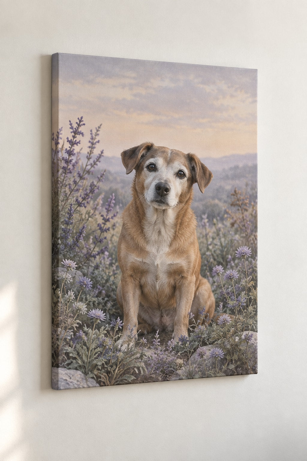 Senior Dog Companion Stretched Canvas Wall Art with dimensional printed themed artwork; representative AI-generated mockup.