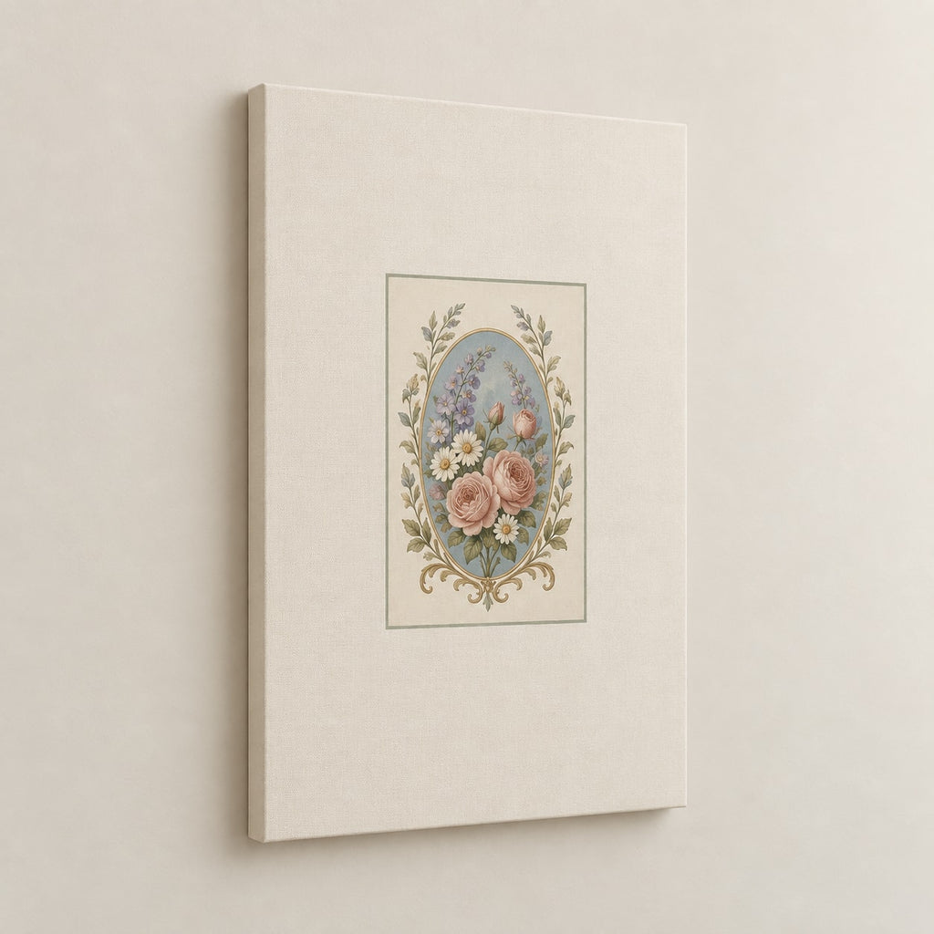 Vintage Garden Cameo Stretched Canvas Wall Art with dimensional printed themed artwork; representative AI-generated mockup.