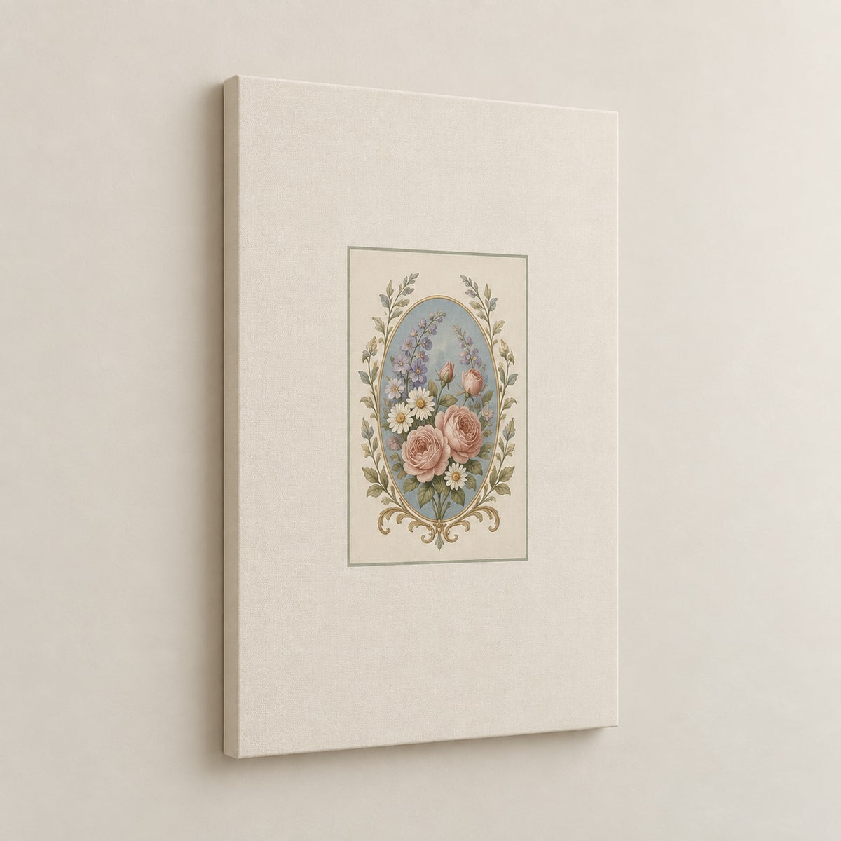 Vintage Garden Cameo Stretched Canvas Wall Art with dimensional printed themed artwork; representative AI-generated mockup.