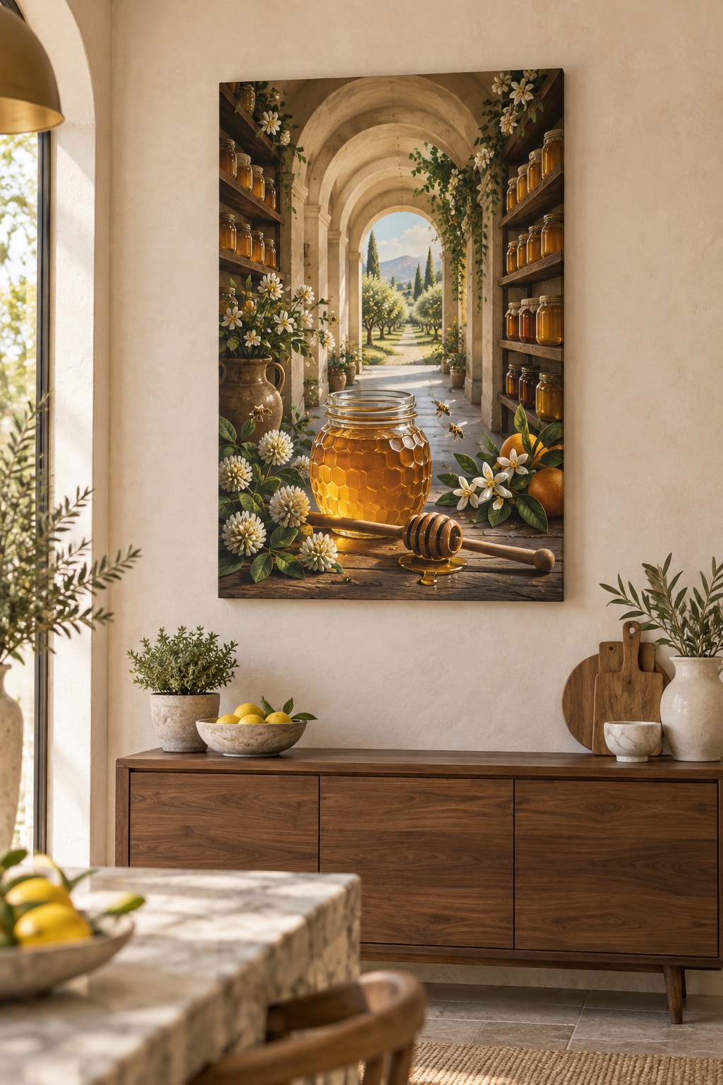 Honey Harvest Pantry Stretched Canvas Wall Art with dimensional printed themed artwork; representative AI-generated mockup.