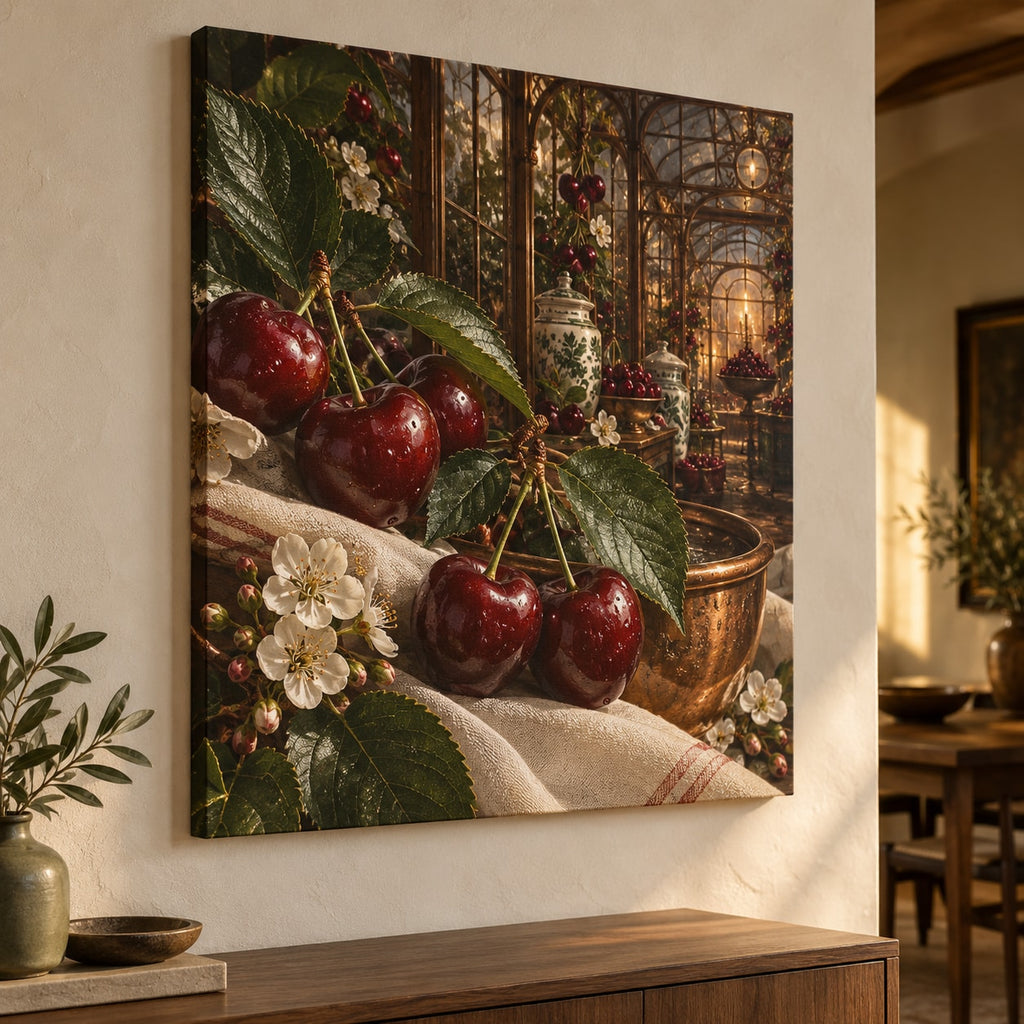 Cherry Kitchen Stretched Canvas Wall Art with dimensional printed themed artwork; representative AI-generated mockup.