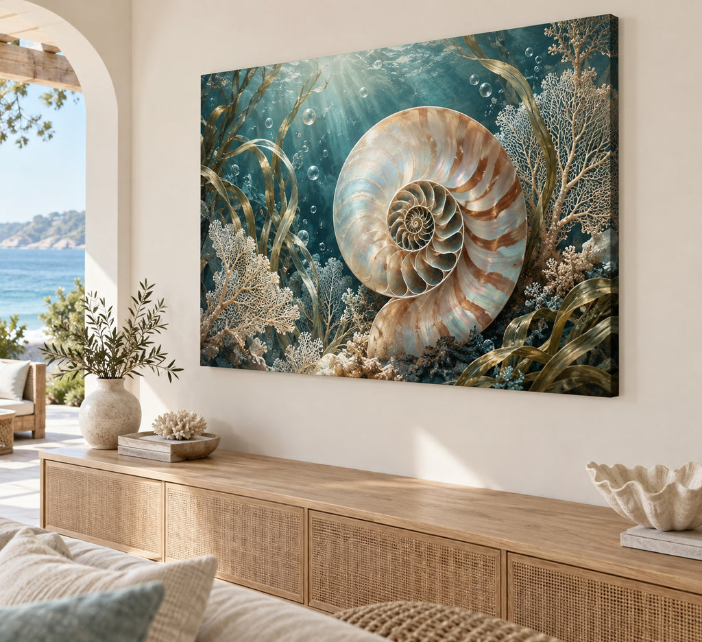 Nautilus Spiral Stretched Canvas Wall Art with dimensional printed themed artwork; representative AI-generated mockup.