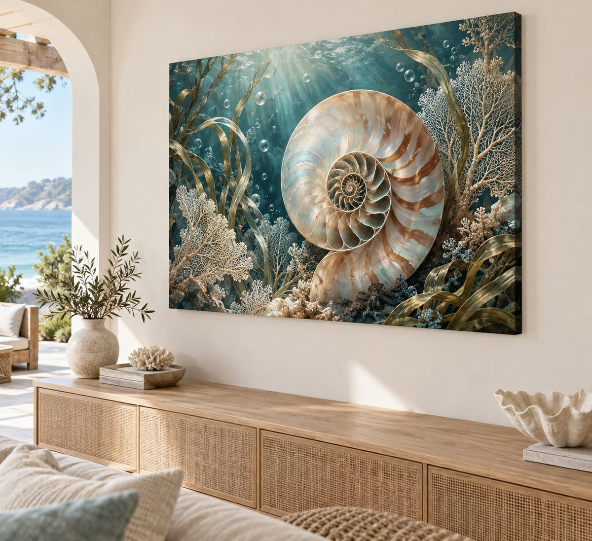 Nautilus Spiral Stretched Canvas Wall Art with dimensional printed themed artwork; representative AI-generated mockup.