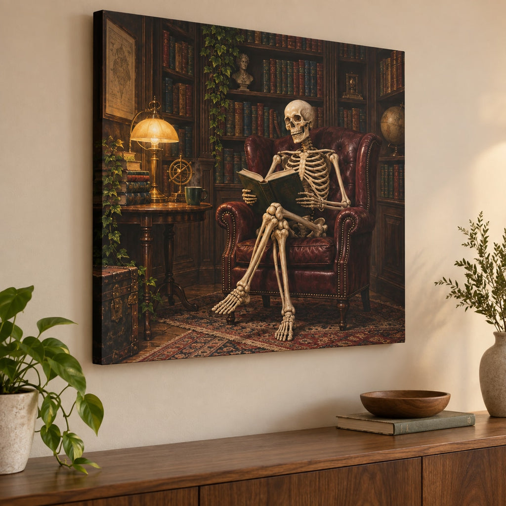 Skeleton Reading Nook Stretched Canvas Wall Art with dimensional printed themed artwork; representative AI-generated mockup.
