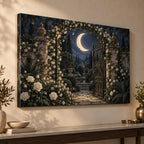 Moon Garden Gate Stretched Canvas Wall Art with dimensional printed themed artwork; representative AI-generated mockup.
