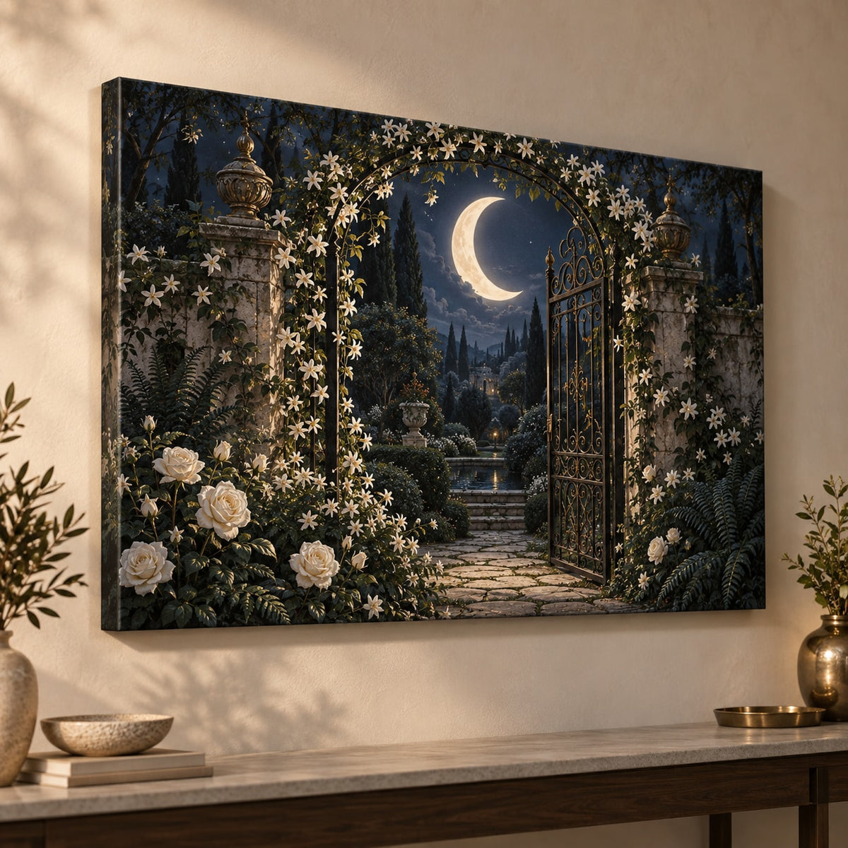Moon Garden Gate Stretched Canvas Wall Art with dimensional printed themed artwork; representative AI-generated mockup.