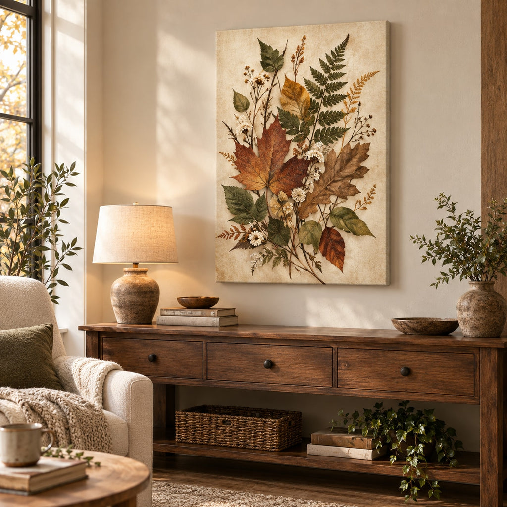 Pressed Woodland Leaves Stretched Canvas Wall Art with dimensional printed themed artwork; representative AI-generated mockup.